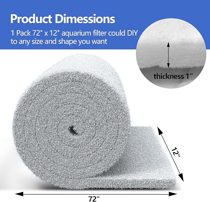 Classic Koi Pond Filter Pad, 12” x 72" Thick Aquarium Filter Floss Roll Reusable Cut to Fit Aquarium Media Pad for Outdoor Koi Ponds, Aquariums, Fish-Safe Polyester Material