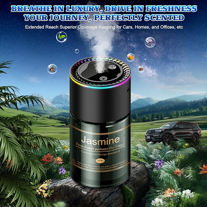 Smart Car Air Freshener Diffuser - 270-Day Long-Lasting Essential Oil (6.09oz/180ml), Auto On/Off Sensor, Ultrasonic Dual Modes, Multi-Mode Adjustable, Natural French Fragrance Oils, Jasmine Scent