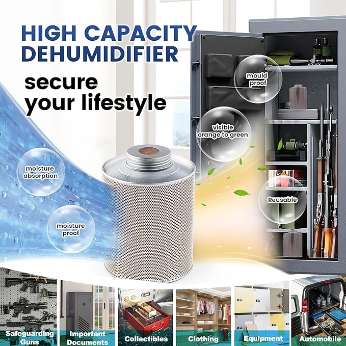 750 Grams 6pcs Gun Safe Dehumidifier, Reusable Canister Desiccant Dehumidifier, Rechargeable 1.65 Lbs Indicating Silica Gel Orange To Green