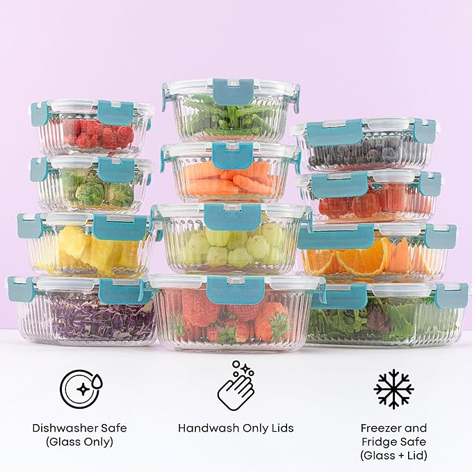 JoyJolt 24pc Borosilicate Glass Storage Containers with Lids | 12 Airtight/Freezer Safe Food Storage Containers for Pantry and Kitchen | Meal Prep Container for Lunch | Glass Tupperware Set-FlexoryFit