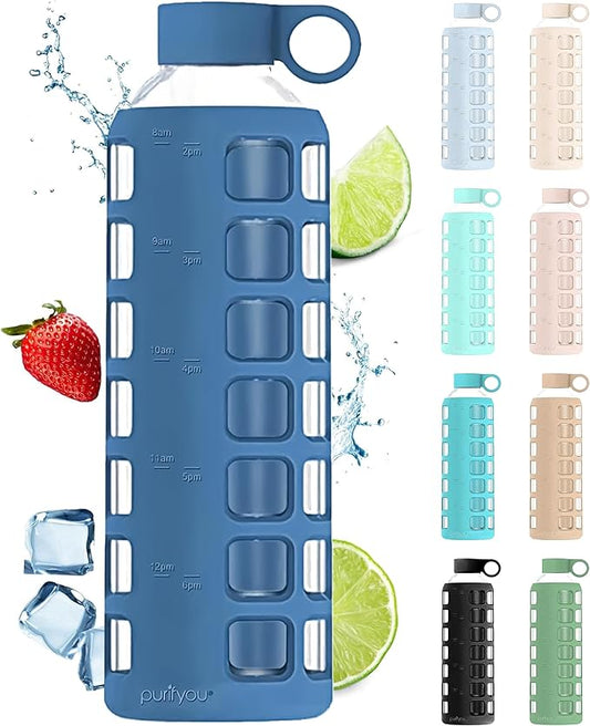 purifyou 40oz / 32oz / 22oz / 12oz Borosilicate Glass Water Bottle with Time & Volume Markers, Silicone Sleeve, Stainless Steel Lid | Reusable Glass Bottle for Water & Juice (40oz Chinese Porcelain)