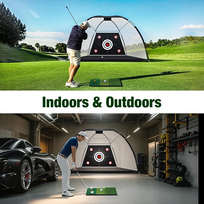 MoKo Golf Net with Practice Mat, 10 x 7 ft Golf Hitting Net for Outdoor Indoor Backyard Driving Chipping Swing Training, All-in-One Multi-Target Training Aid Practice Nets with Tri-Turf Mat