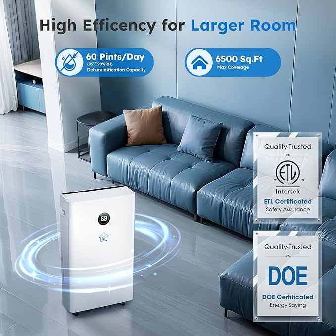 6,500 Sq. Ft Dehumidifier for Basement With Reusable Air Filter 60 Pint - Auto Drain or Manual Drainage, Auto Defrost, Ideal for Home, Bathrooms, Large & Medium Sized Rooms (White)