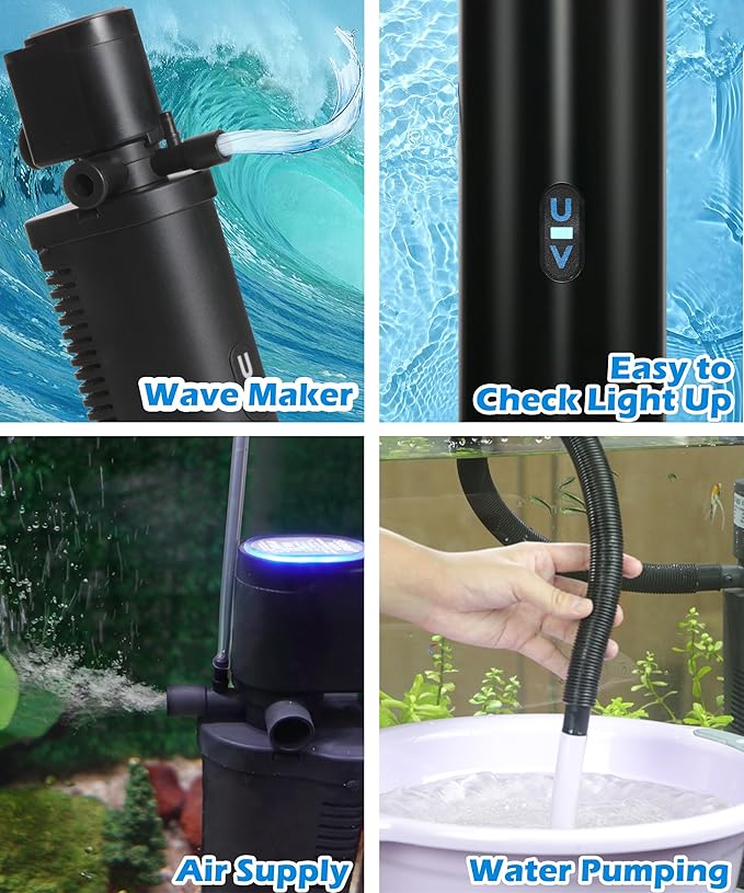 COOSPIDER Aquarium Filter U-Very Suitable for 10-45 Gallon Tank, 158GPH Small Fish Tank Filters for Green Control, Powerful Internal Submersible Pump for Turtle Tank, Air Supply & Oxygen Enhancement