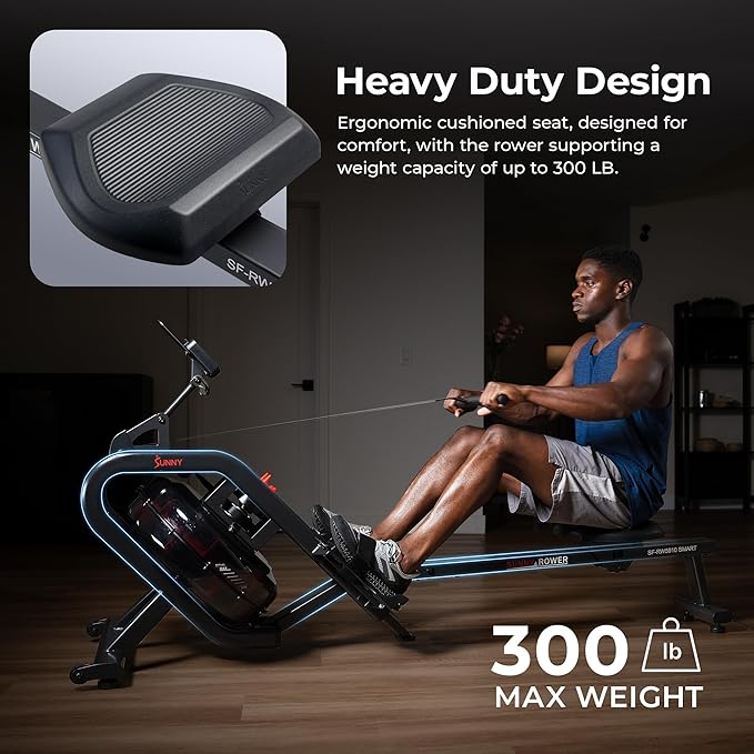 Sunny Health & Fitness Flip & Foldable Rowing Machine for Home w/Extended Slide Rail, Full-Body Workout, Low-Impact, Optional Extra Long Rail, Quiet Rail Cover, Water Motion and Free SunnyFit App-FlexoryFit