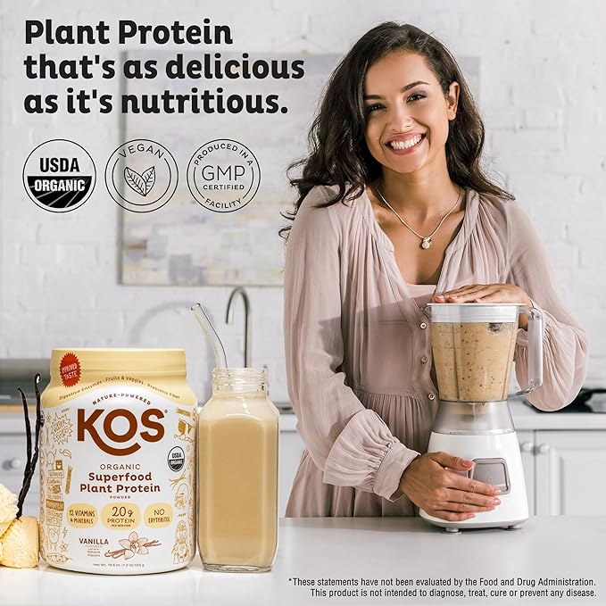 KOS Vegan Protein Powder Erythritol Free, Vanilla - USDA Organic Pea Protein Blend, Plant Based Superfood Rich in Vitamins & Minerals - Keto, Dairy Free - Meal Replacement for Women & Men, 15 Servings-FlexoryFit