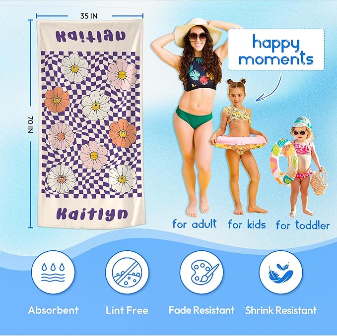 JML Personalized Beach Towel with Name, Custom Flower Beach Towel, Customized Microfiber Pool Towel, Quick Dry & Absorbent Swim Towel for Adult,Anniversary, Birthday, Summer Holiday,Vacation-FlexoryFit