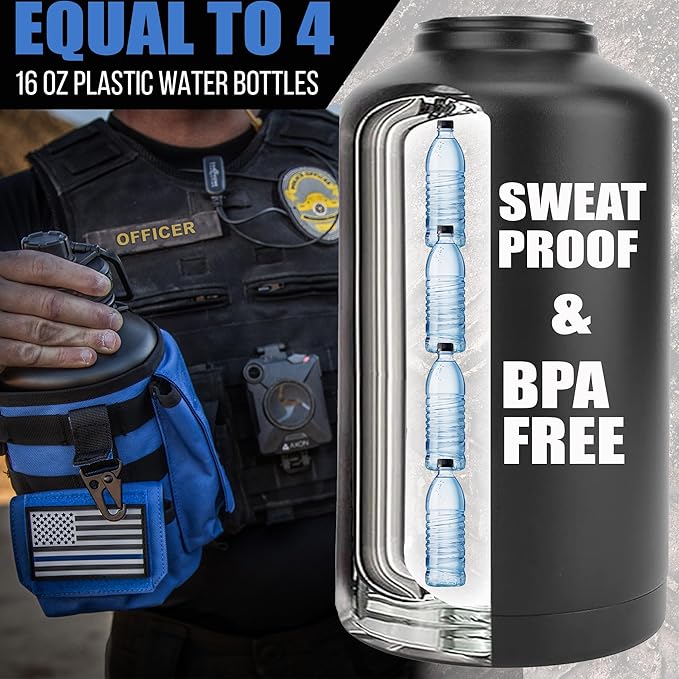 Iron Infidel Battle Bottle - Half Gallon Insulated Water Bottle with Paracord Handle, Large 64 oz Stainless Steel Water Jug with Rugged, Removable Sleeve for Keys, Wallet & Phone (Blue Line 2 Liter)-FlexoryFit