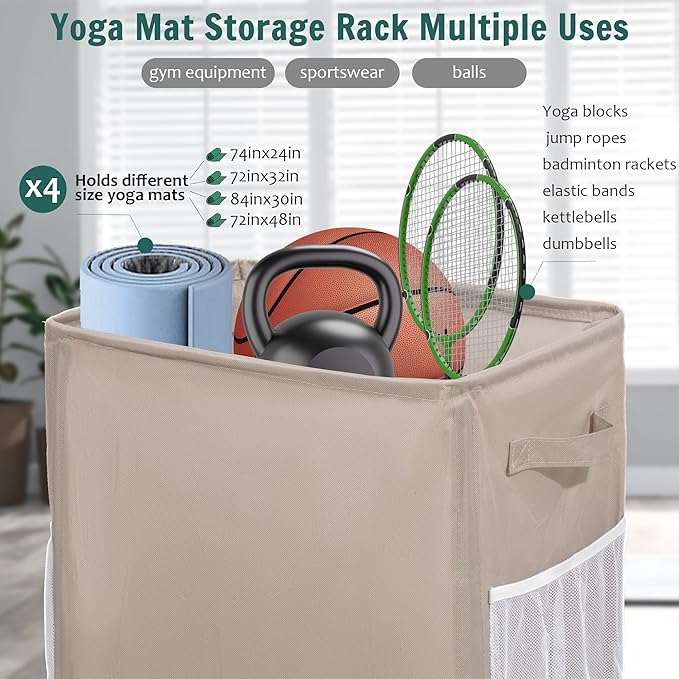 Yoga Mat Storage Racks, Home Gym Storage Rack with Wheels, Yoga Mat Holder Side 2 Mesh Pockets, Yoga Storage Basket Holds 4 Yoga Mats, 2 Foam Rollers, 6 Resistance Bands-FlexoryFit