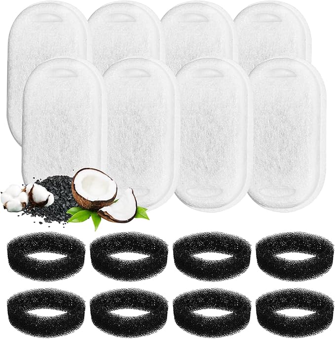 16 Pcs Cat Water Fountain Filters, Cat Fountain Filter Replacement for 108oz/3.2L & 67oz/2L Stainless Steel Dog Water Fountain Automatic Pet Fountains, 3 Filtration System (8 Filters & 8 Sponges)