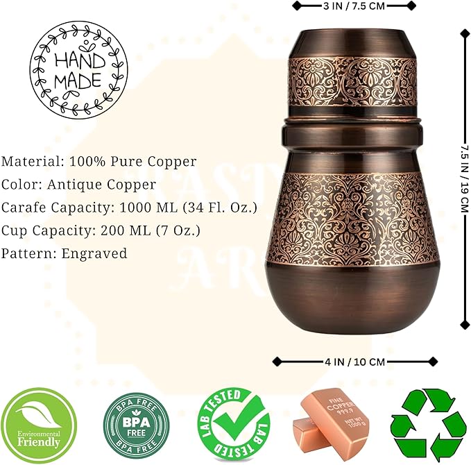 Bedside Water Carafe - Copper Bottle for Drinking Water- Pitcher with Lid - Ayurveda Healing Benefit Heavy Duty Vessel - 34 Oz