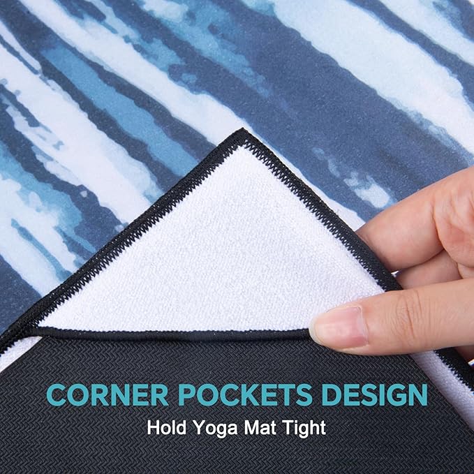 QiyI Yoga Mat Towel with Corner Pockets, Non Slip Sweat Absorbent Hot Yoga Towels, Soft Yoga Blankets with Travel Bag, Skidless Mat Cover for Workout, Gym, Fitness - 70"x26", Blue White Tie Dye-FlexoryFit