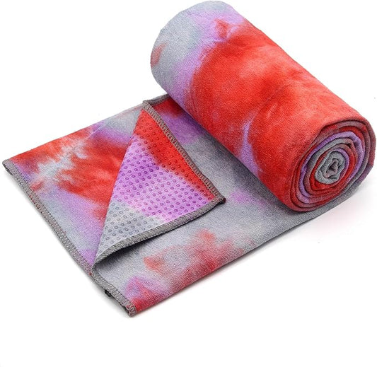 Eunzel Yoga Towel,Hot Yoga Mat Towel with Grip Dots Sweat Absorbent Non-Slip for Hot Yoga, Pilates and Workout 24" x72", Red & Gray-FlexoryFit