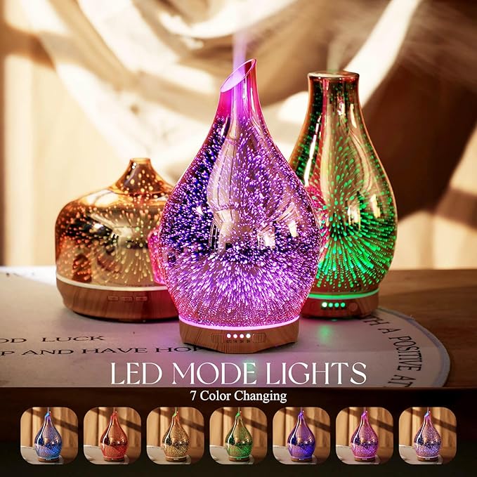 Porseme 280ml Essential Oil Diffuser, 3D Glass Aromatherapy Diffusor, Ultrasonic Cool Mist BPA Free Aroma Humidifier with Timer and Color Changing Function, Waterless Shut-Off for Home Office Room