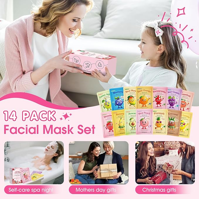 14 Pack Fruit Face Masks Skincare for Kids, Sheet Hydrating Facial Mask for All Skin Types, Bulk Collagen Face Mask for Women Skin Care, Birthday Party Spa Gifts for Teens Girls-FlexoryFit