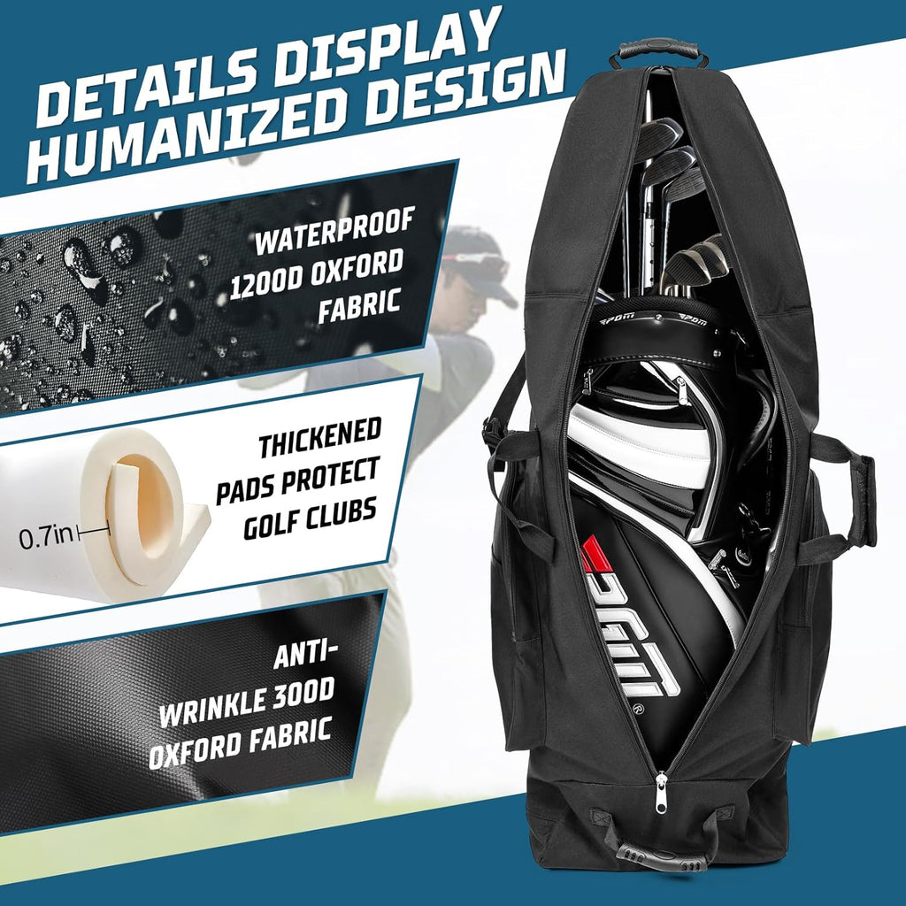 Golf Travel Bag with Wheels, Portable Golf Club Travel Cover for Airlines, 4 Large Pockets,1200D Heavy Duty Wear-Resistant, Soft Sided Foldable Golf Travel Case for Easy Storage
