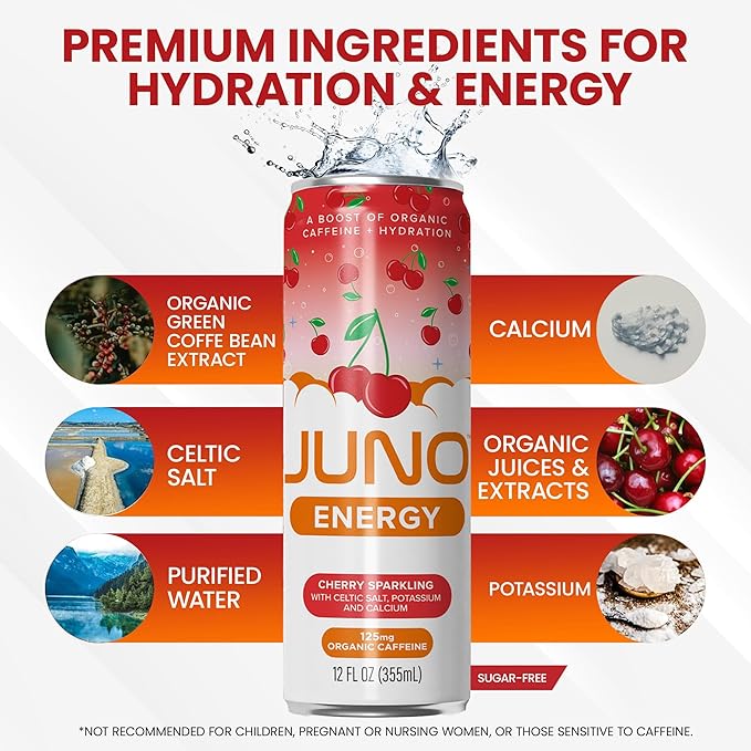 JUNO ENERGY Organic Cherry Sparkling Drink - Sugar Free Electrolytes, Energizing and Hydrating with 125mg Organic Caffeine from Green Coffee Beans, Organic Monk Fruit, Organic Sour and Black Cherry Juice & Electrolytes - Vegan, Gluten Free, 12 Pack-FlexoryFit