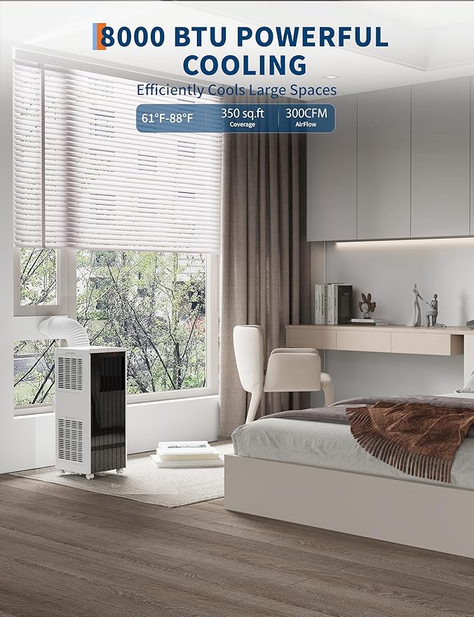 8000 BTU Portable Air Conditioner for Rooms up to 350 Sq. Ft, 3-in-1 Cooling, Dehumidifier & Fan with Quiet Operation, Efficient Cooling, Sleep Mode, 24-Hour Timer & Remote Control, Black & White