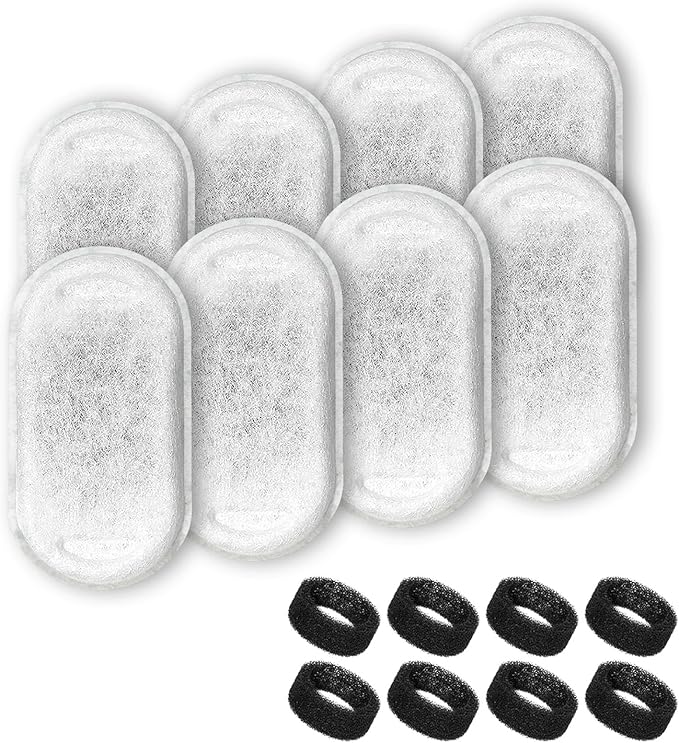 Cat Water Fountain Filters, 8 Filters+8 Sponge Replacement Filters for 108/3.2L and 67oz/2LStainless Steel Pet Water Dispenser for Dog (8 sets)