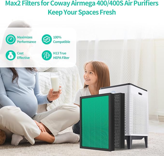 400/400S Replacement Filter for Coway AIRMEGA Max2 400 400S 400(G) 400S(G) Air Purifier, Max2 Green True HEPA and Active Carbon Filter Set, AP-2015-FP, 4PACK