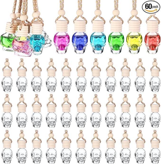 60 Pcs Hanging Car Air Freshener Car Diffuser Bottle Empty Glass Perfume Bottles Air Freshener Diffuser Bottle Pendant for Essential Oils Fragrance Aromatherapy Ornament Decor (Skull Style)