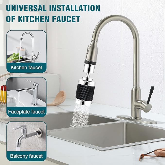 360 ° rotation kitchen faucet nozzle with filter High pressure water saver Bubble mode faucet extender accessory for 3 spray modes (Black)