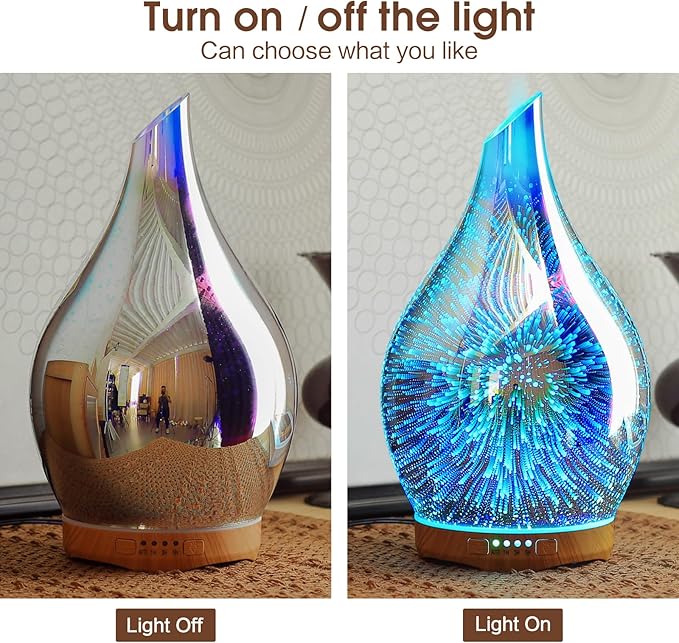 Porseme 280ml Essential Oil Diffuser 3D Hand-Blown Glass Aroma Diffusor, Aromatherapy Unltrasonic Cool Mist deffuser, 7 Color Changing Humidifier, Waterless Shut-Off, Timer Function for Home Office
