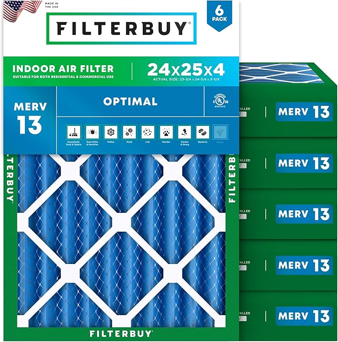 Filterbuy 24x25x4 Air Filter MERV 13 (MPR 1900) Health Defense Replacement (6-Pack), Electrostatic Pleated HVAC AC Furnace Filters, Made in USA (Actual Size: 23.75 x 24.75 x 3.63)