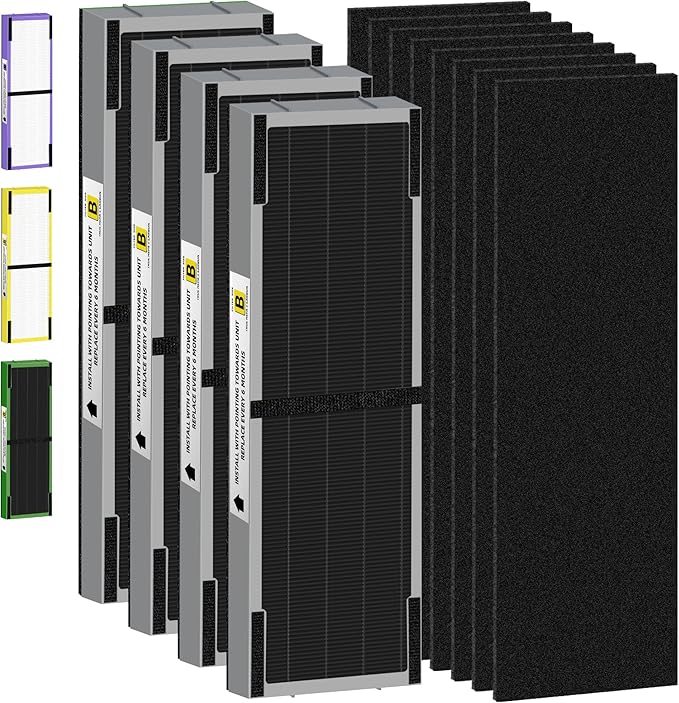 FLT4825SM HEPA Smoke Clear Filter B Replacement Compatible with G-Guardian Air Purifiers AC4825 AC4825E AC4825W AC4300 AC4800 AC4900 AC4850,4 H13 True HEPA Filters+8 Carbon Pre-Filters