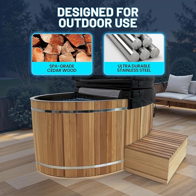 Premium 62-in. Oval Cedar Wood Cold Plunge and Hot Tub with Stainless Steel Interior, Wooden Step, Foldable Thick Cover, Headrest, and Barrel Hoop for Indoor and Outdoor Recovery Use – Tub Only
