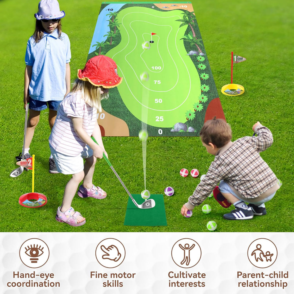 Liberry Kids Golf Set for 3 4 5 6 7 Years Old Boys Girls, Golf Chipping Game with Golf Mat, Sticky Balls, Storage Bag, Retractable Golf Clubs Outdoor Indoor Sports Toy Gift Toss Game (Silver)