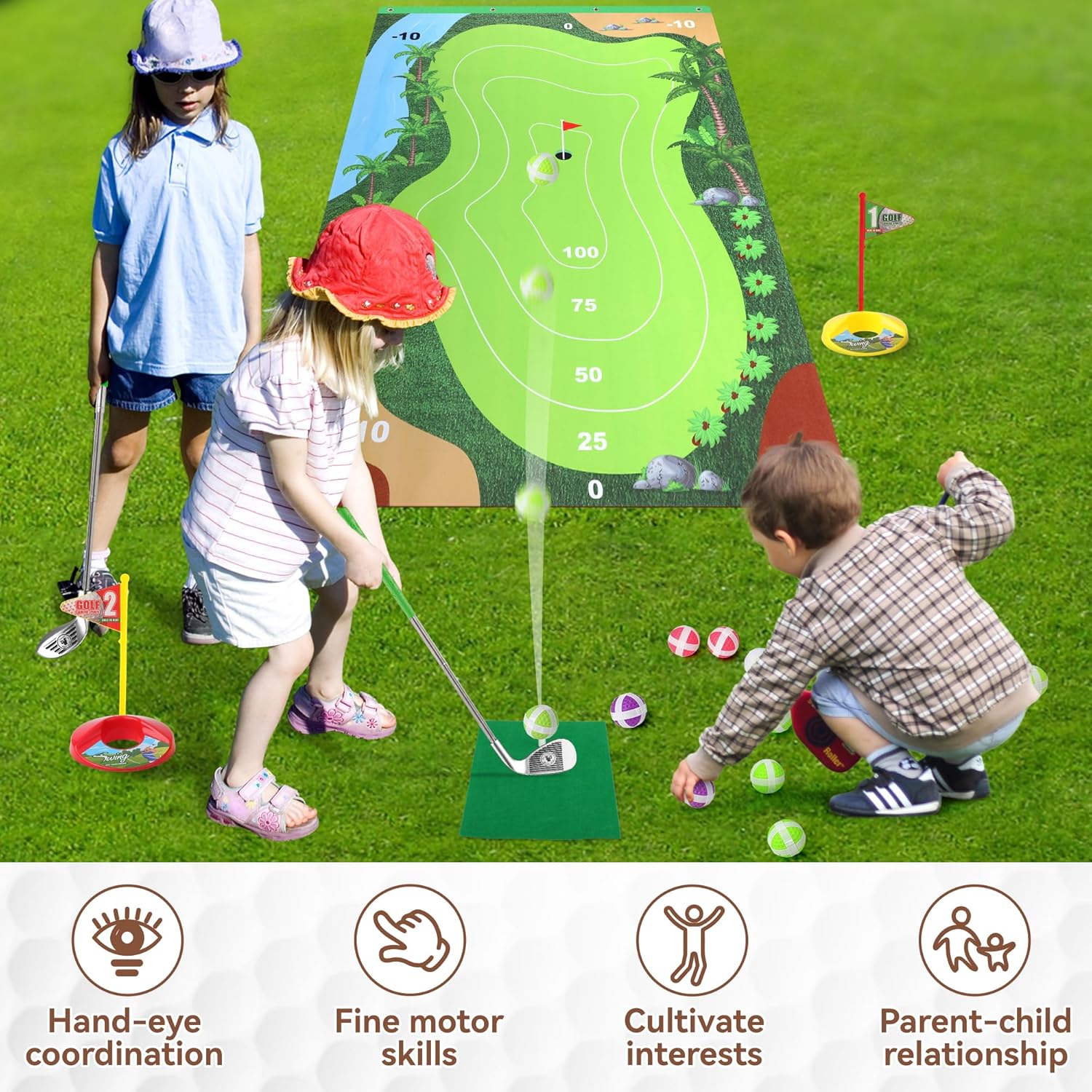Liberry Kids Golf Set for 3 4 5 6 7 Years Old Boys Girls, Golf Chipping Game with Golf Mat, Sticky Balls, Storage Bag, Retractable Golf Clubs Outdoor Indoor Sports Toy Gift Toss Game (Silver)