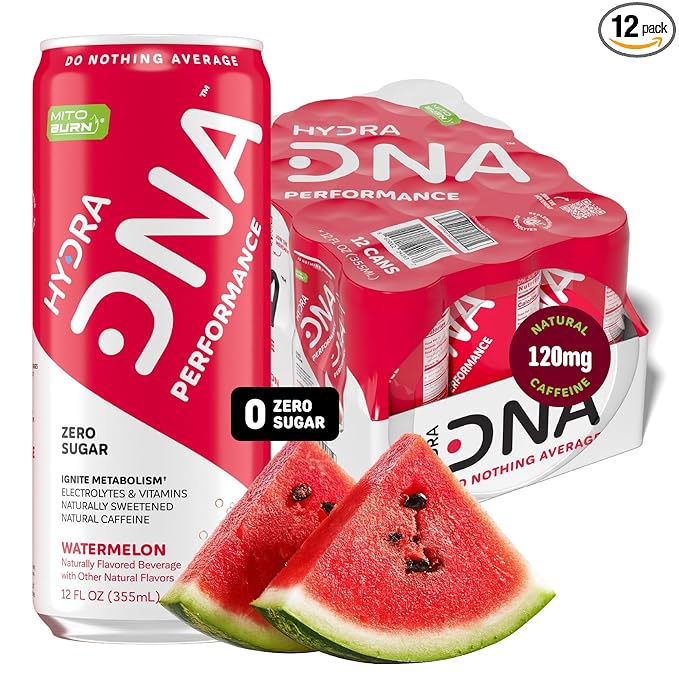 HYDRADNA- Clean Performance Drink, Zero Sugar | For Natural Fuel, Alertness, Boost, Stamina,120 mg Organic Caffeine, Natural Flavors, Zero Sucralose, Clean Ingredients (12 Pack) (12 Pack, Watermelon)-FlexoryFit