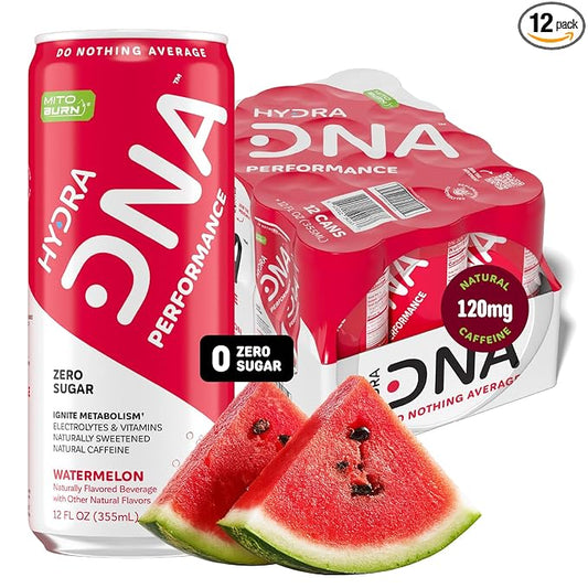 HYDRADNA- Clean Performance Drink, Zero Sugar | For Natural Fuel, Alertness, Boost, Stamina,120 mg Organic Caffeine, Natural Flavors, Zero Sucralose, Clean Ingredients (12 Pack) (12 Pack, Watermelon)-FlexoryFit