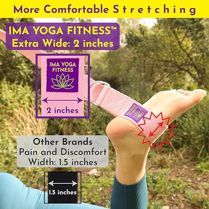 Adaptive Yoga Strap, Stretching Strap, 2 Inches Wide, 100% Naturally Soft Cotton, Steel D-Rings, Includes Natural Cotton Drawstring Storage Pouch and Instructional E-Book-FlexoryFit