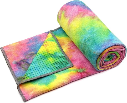 Eunzel Yoga Towel,Hot Yoga Mat Towel with Grip Dots Sweat Absorbent Non-Slip for Hot Yoga, Pilates and Workout 24" x72", Yellow & Blue & Pink-FlexoryFit