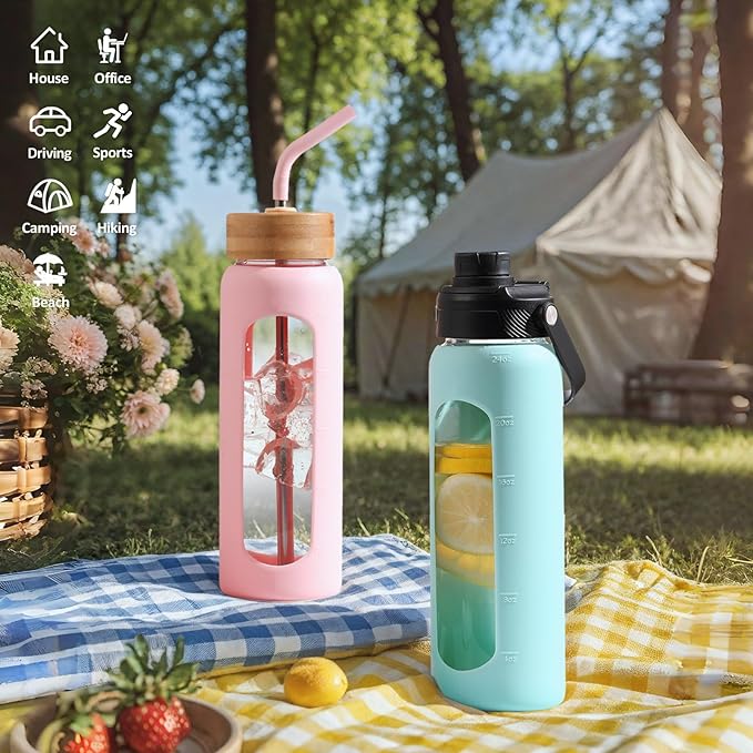 Kodrine Water Bottle with Straw, 24 oz Glass water Bottle with 2 Lids Bamboo Straw Lid and Spout Lid with Handle, 32 oz Clear Water Bottle Glass for Sports Travel, Waterbottle with Time Marker-FlexoryFit
