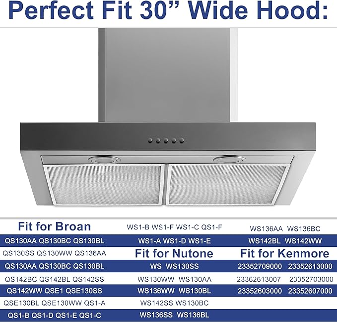 Replacement fit for Allure Nutone QS1 WS1 Range Hood Filter 11-3/4" X 14-1/4" X 3/8" 99010299 Bps1fa30 fit for Kenmore 30" Range Hood Filters S99010299 99010305 prime&swift
