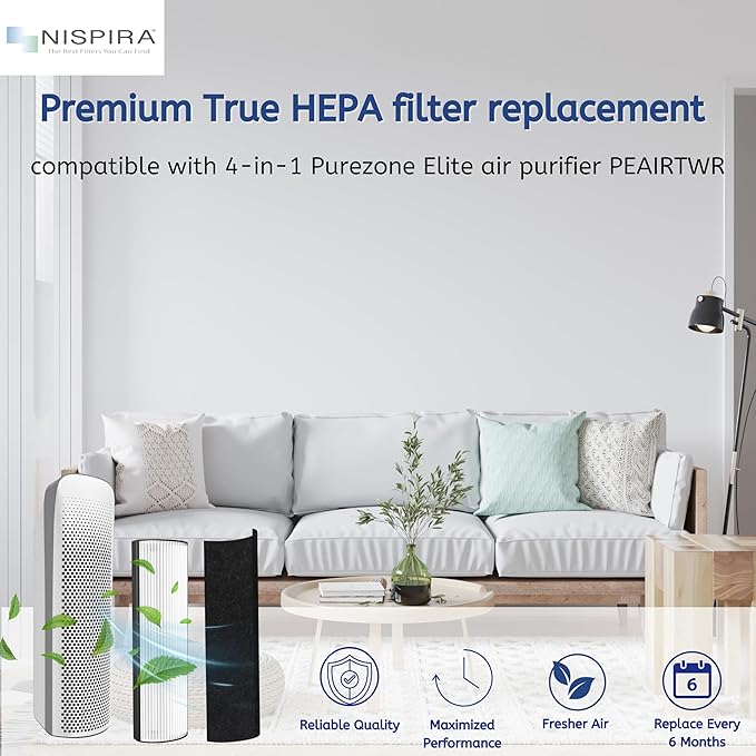Nispira 2-in-1 True HEPA Replacement Filter PETWRFIL For Pure Enrichment PureZone Elite 4-IN-1 Tower Air Purifier PEAIRTWR. 1 Pack