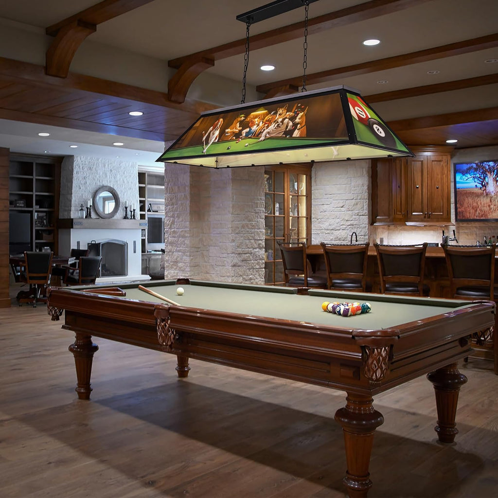 Wellmet Tiffany Pool Table Light, Dogs Playing Billiards Lights for 7' 8' 9' Pool Table, 5 Lights Billiard Fixture Hanging Pendant Lamp for Snooker Table, Cabin, Game Room, Men's Cave, Dining Room