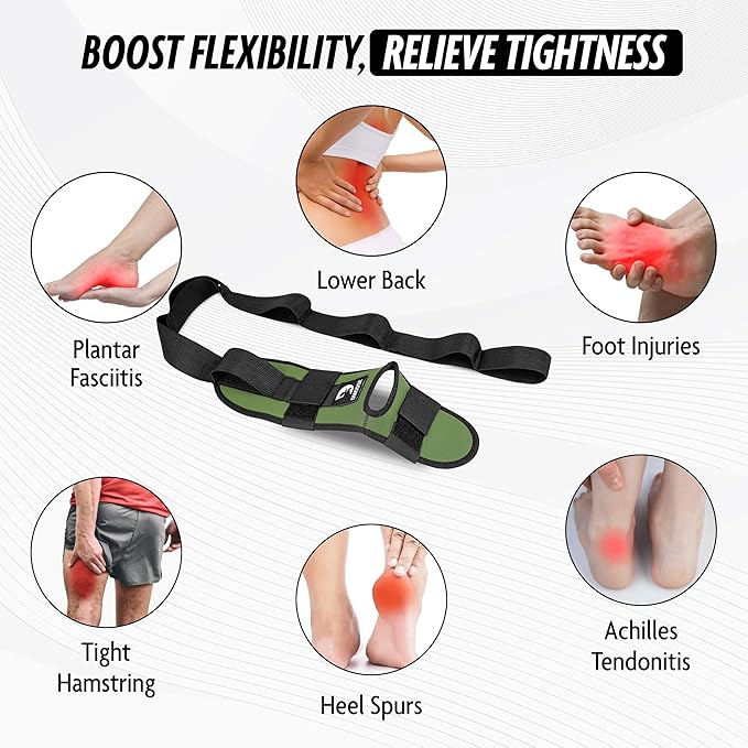 DMoose Fitness Foot & Calf Stretcher with Adjustable Padded Stretching Strap for Plantar Fasciitis, Hamstring, Heel Spurs and Achilles Tendonitis Relief - Yoga Leg Stretch Strap for Flexibility-FlexoryFit