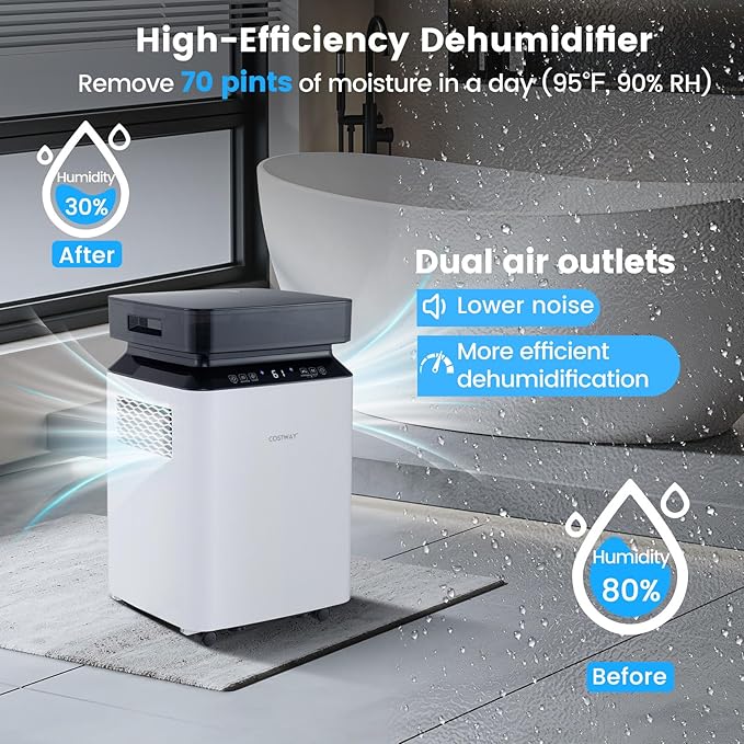 COSTWAY 70 Pints Dehumidifier with Pump, Easy Humidity Control, Multiple Drainage Options, 24H Timer & 2.2 Gal Water Tank, Dehumidifier for Basement, Home