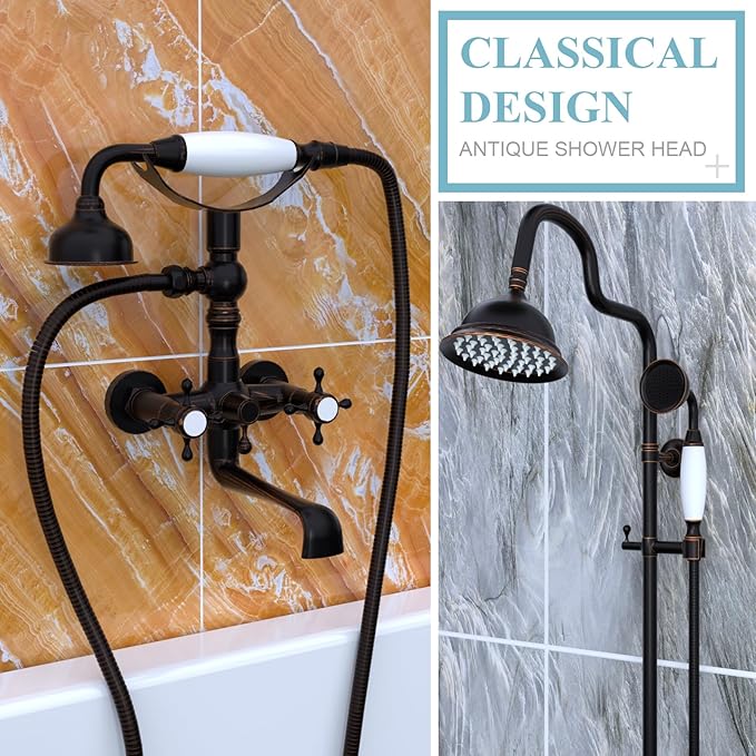 Oil Rubbed Bronze Vintage Telephone Handheld Shower Spray Ceramic Handle with 59inch Flexible Hose, Antique Brass Shower Head Clawfoot Tub Showerhead Replacement, No Wand Holder