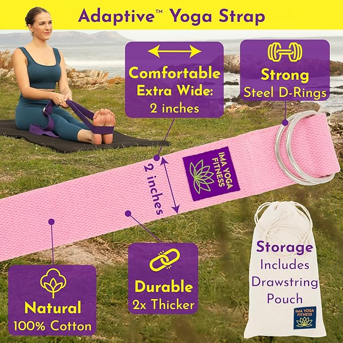 Adaptive Yoga Strap, Stretching Strap, 2 Inches Wide, 100% Naturally Soft Cotton, Steel D-Rings, Includes Natural Cotton Drawstring Storage Pouch and Instructional E-Book-FlexoryFit