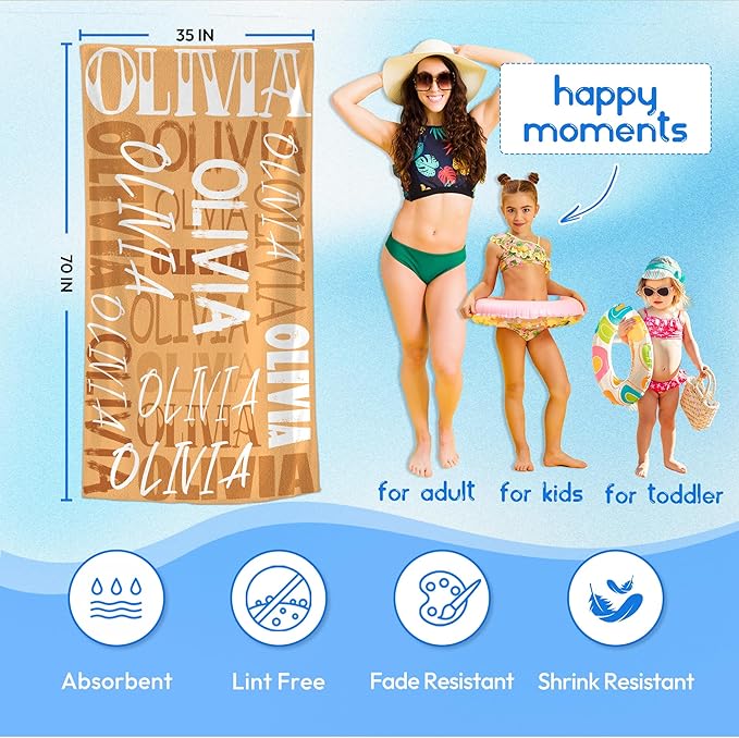 JML Personalized Beach Towel with Name, Custom Beach Towel with Name, Customized Microfiber Pool Towel, Quick Dry & Absorbent Swim Towel for Adult,Anniversary, Birthday, Summer Holiday,Vacation-FlexoryFit