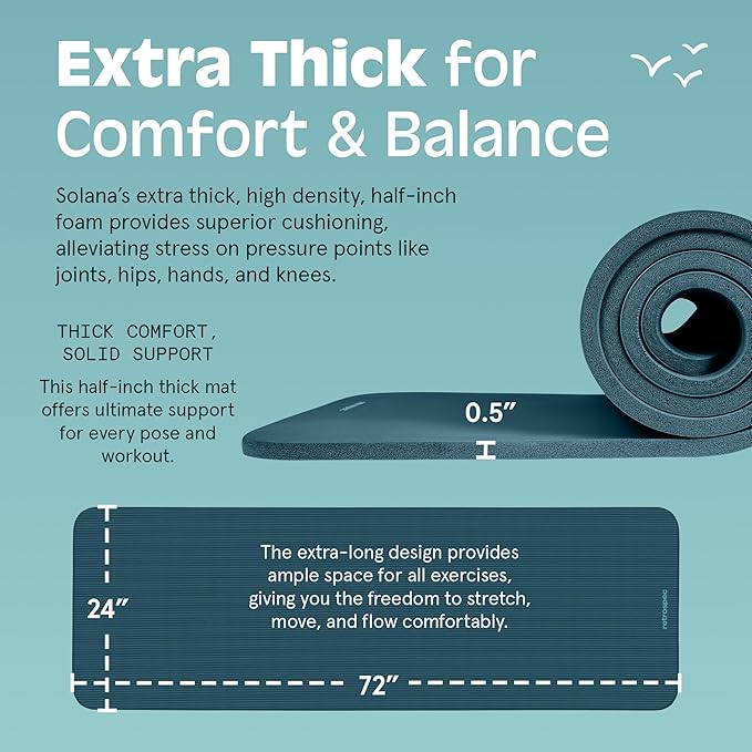 Retrospec Solana Yoga Mat 1/2" Thick w/Nylon Strap for Men & Women - Non Slip Exercise Mat for Yoga, Pilates, Stretching, Floor & Fitness Workouts-FlexoryFit