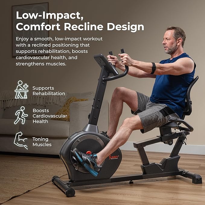 Sunny Health & Fitness Smart Heavy-Duty Recumbent Bike w/Wide Cushioned Seat & Back, Indoor Cycling Machine for Adult/Seniors Home Exercise, Free SunnyFit App Connect, Optional Workout Training Bands-FlexoryFit