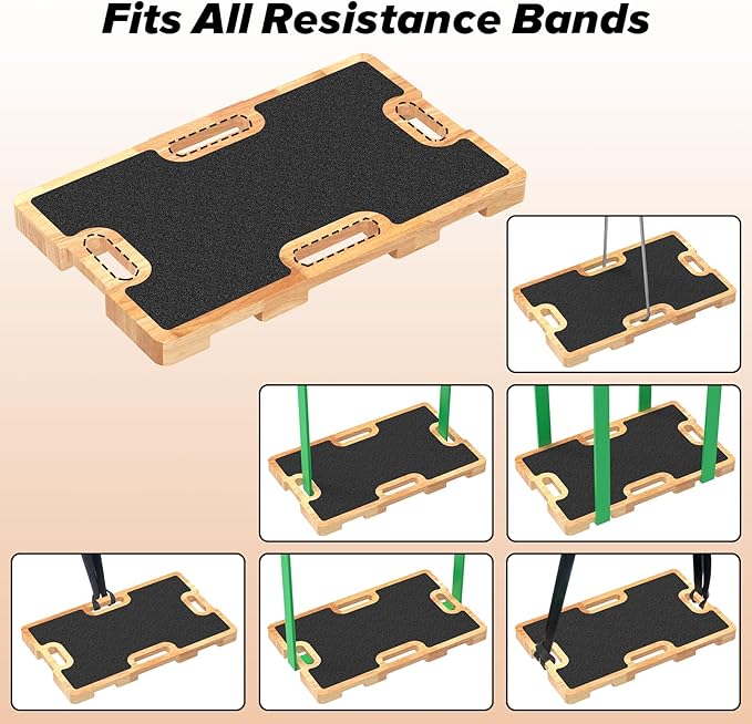 Wooden Resistance Band Foot Plate, Non-Slip Exercise Board with Free Soft Pad & Drawstring Bag for Strength Training, Stretching & Balance, Home Gym Fitness Platform for Full-Body Exercises-FlexoryFit
