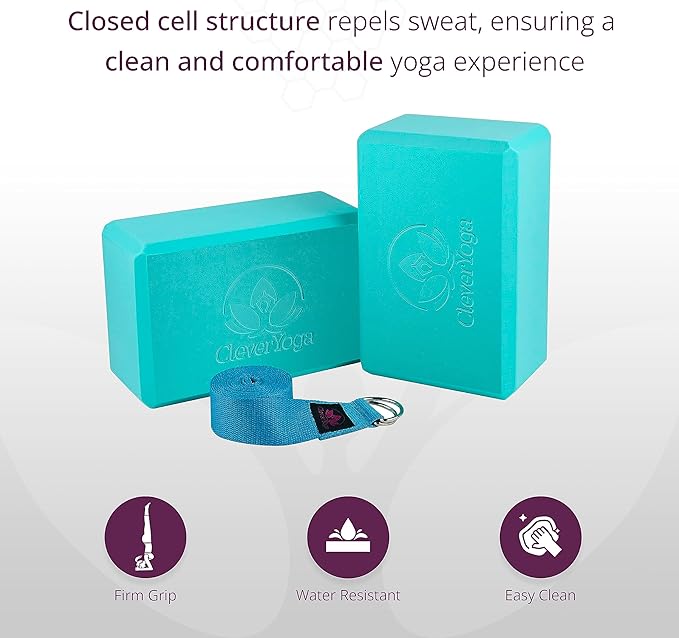 Clever Yoga Blocks 2 Pack with Strap - Extra Light Weight Sweat Repelling Foam Yoga Block Set with Cotton 8ft Yoga Stretch Strap - Yoga Block and Strap Set Kit for Beginner to Pro - Exercise-FlexoryFit