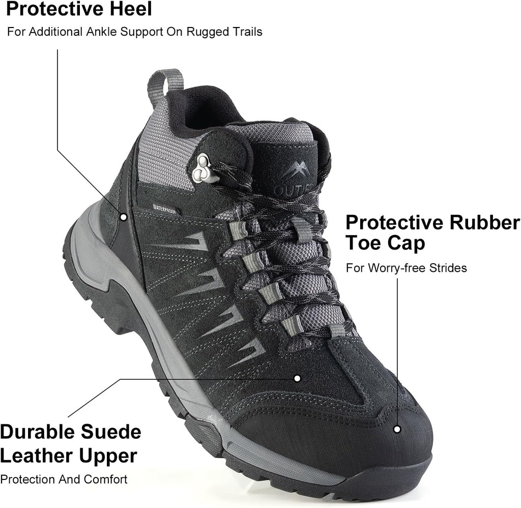 Men's Waterproof Hiking Boots Lightweight Comfortable Leather Mid Ankle Outdoor Trekking Boot
